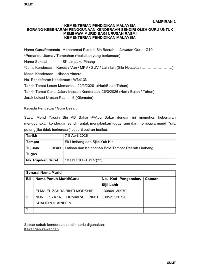 Borang Kebenaran Membawa Murid Menggunakan Kenderaan Sendiri Sop Almera