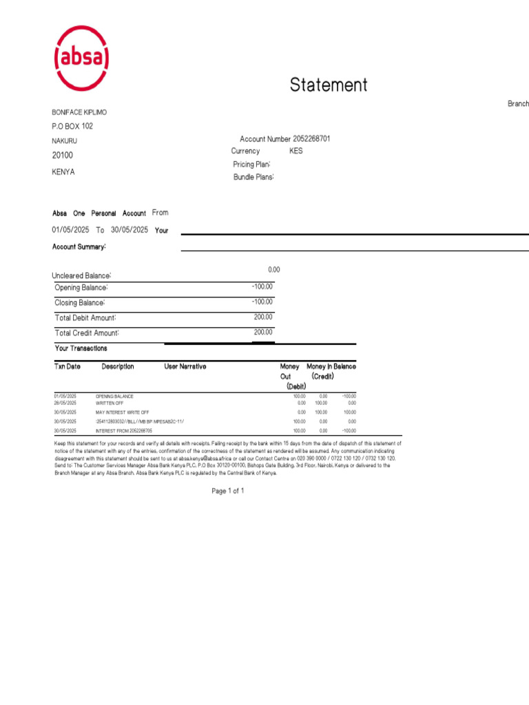 Absa Account Statement for Boniface Kiplimo | PDF | Banks | Debits And ...