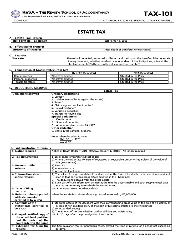 Estate Tax Guide for CPA Review 2023 | PDF | Estate Tax In The United ...