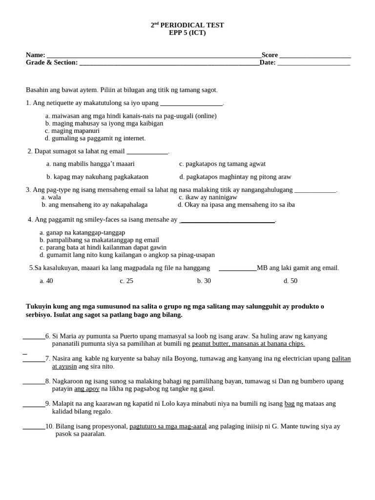 2nd Periodical Test Epp 5 Ict | PDF