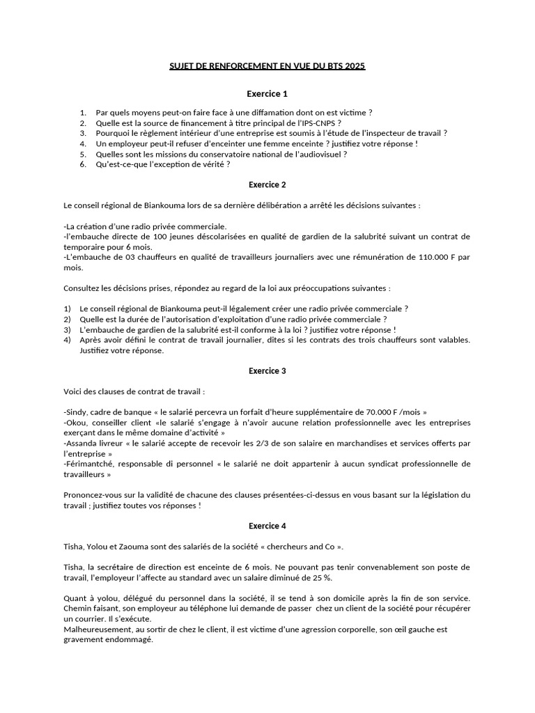 Renforcement pour le BTS 2025 : Droit du travail | PDF | Travail