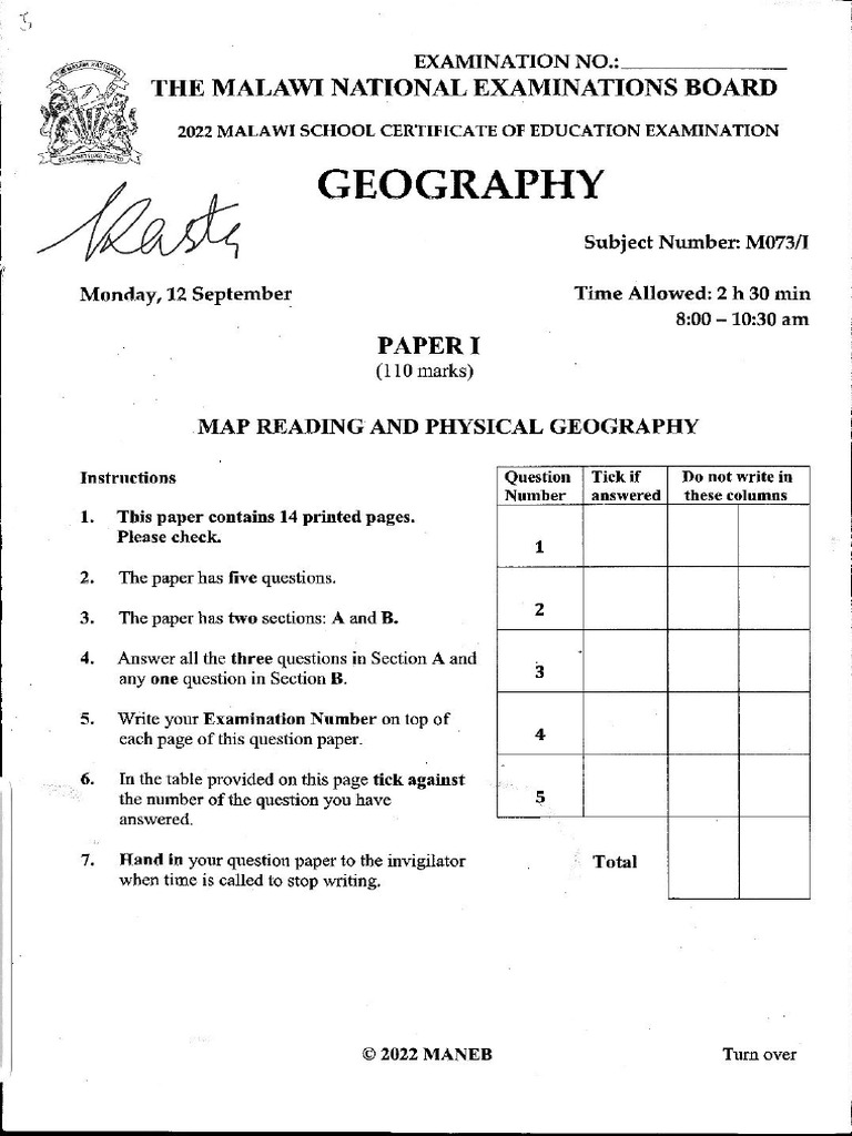 2022 Msce Maneb Geography Paper 1 | PDF