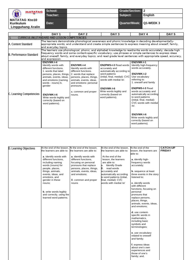 English Curriculum for Grade 2 Week 3 | PDF | Grammatical Gender | Word