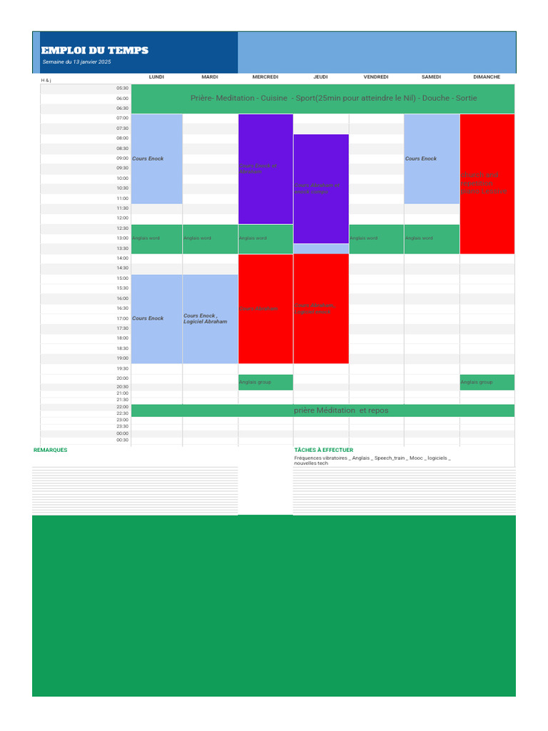 Emploi du temps semaine du 13 janvier 2025 | PDF