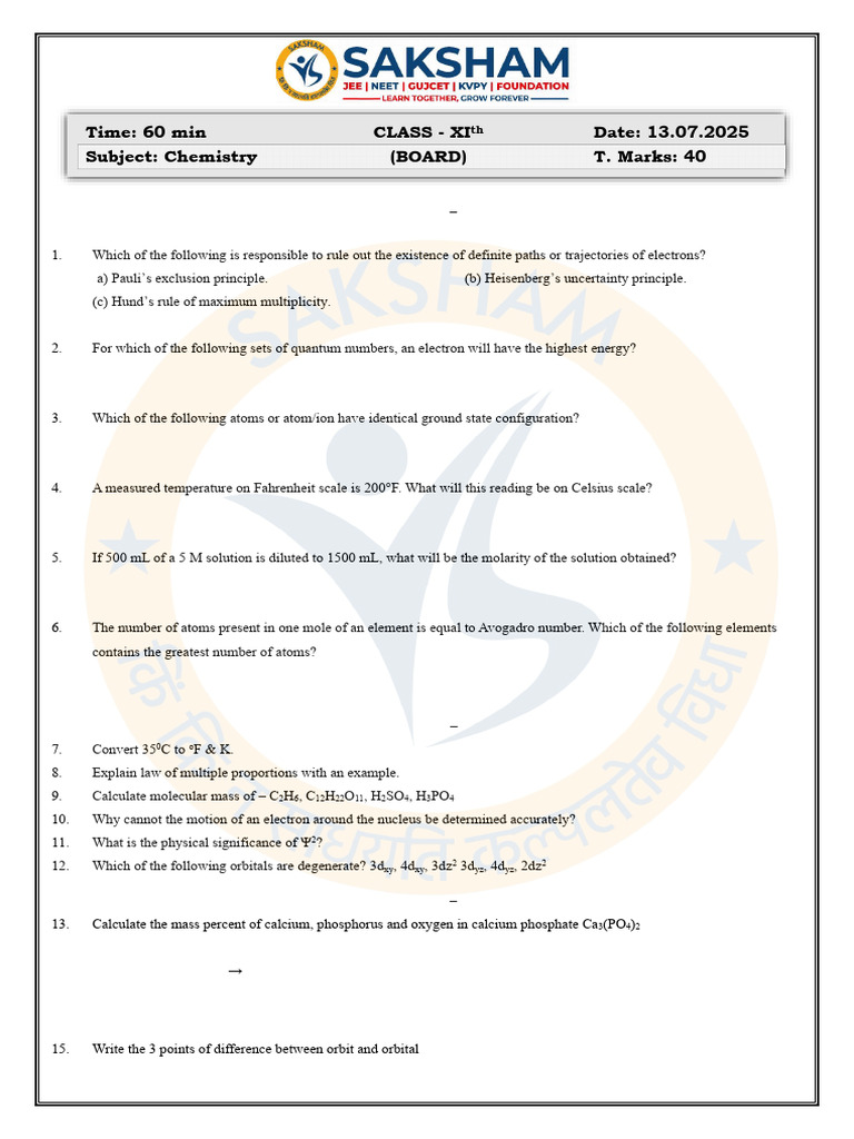 Class 11 Chemistry Exam Paper 2025 | PDF | Chemistry | Physical Sciences