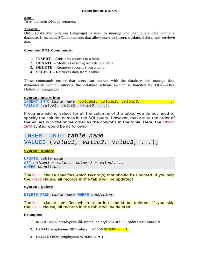 DML Commands for Medicine Data Management | PDF