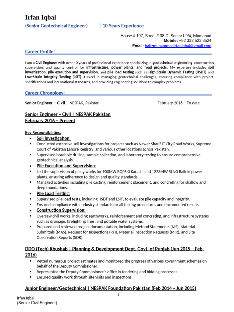 Senior Civil & Geotechnical Engineer Profile | PDF | Geotechnical ...