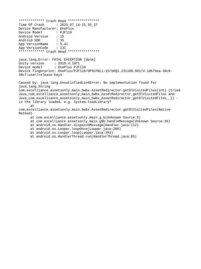 OnePlus Crash Report: Unity Error 2025 | PDF