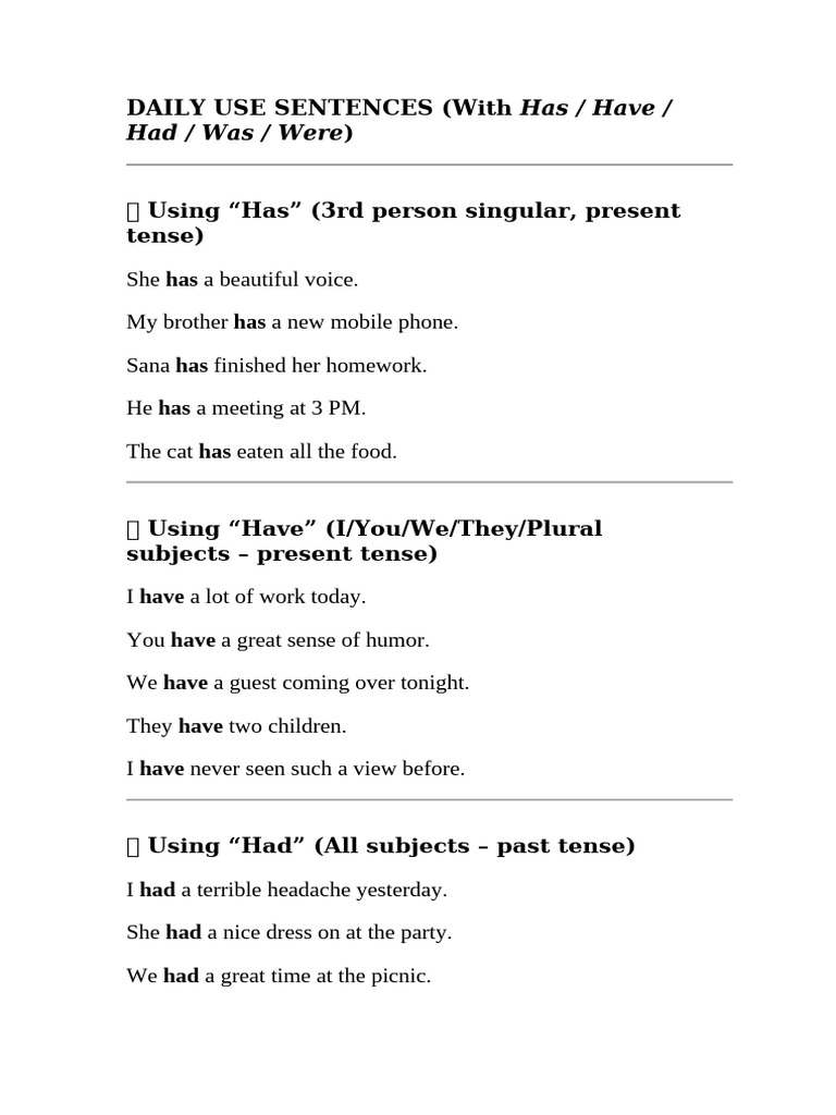 Daily Sentences with Has, Have, Had | PDF