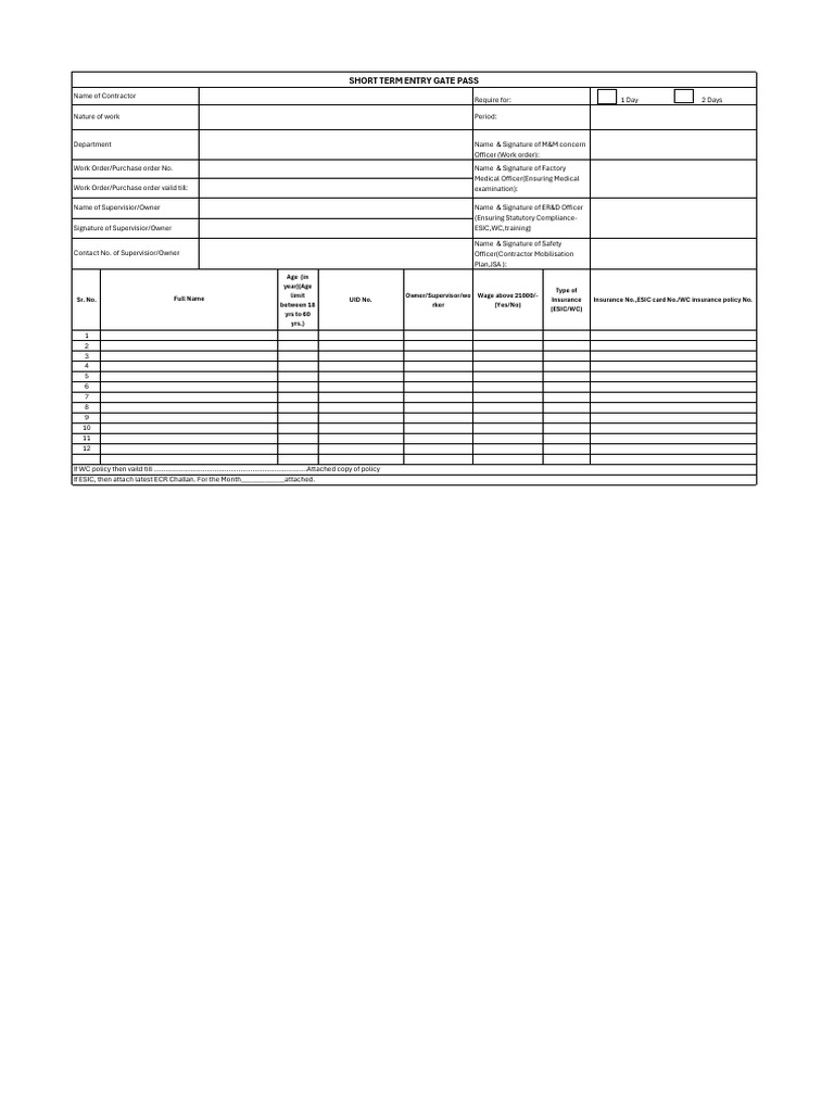 Short Term Entry Gate Pass Application | PDF