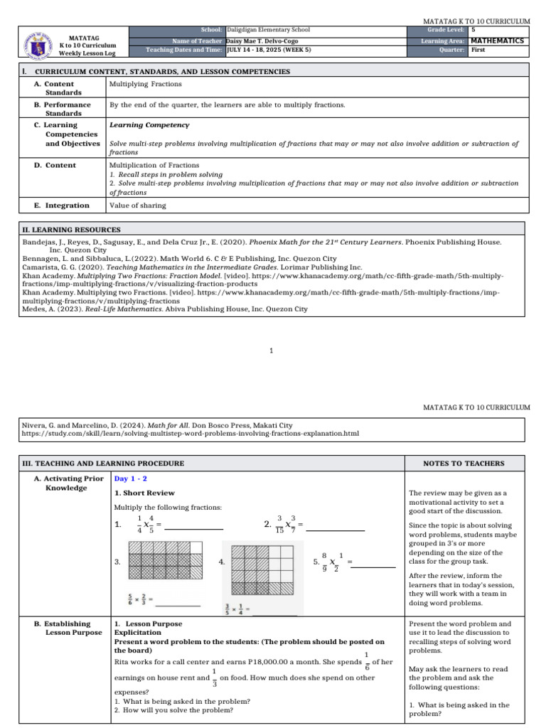 K-10 Math Lesson: Multiplying Fractions | PDF | Learning | Curriculum