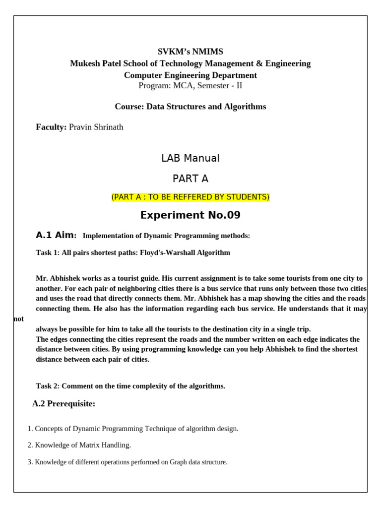 Floyd's Warshall Algorithm Lab Manual | PDF | Mathematical Relations ...