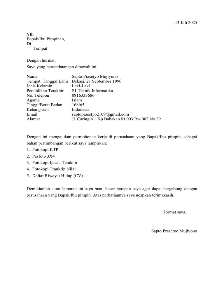 Lamaran Kerja Sapto Prasetyo | PDF
