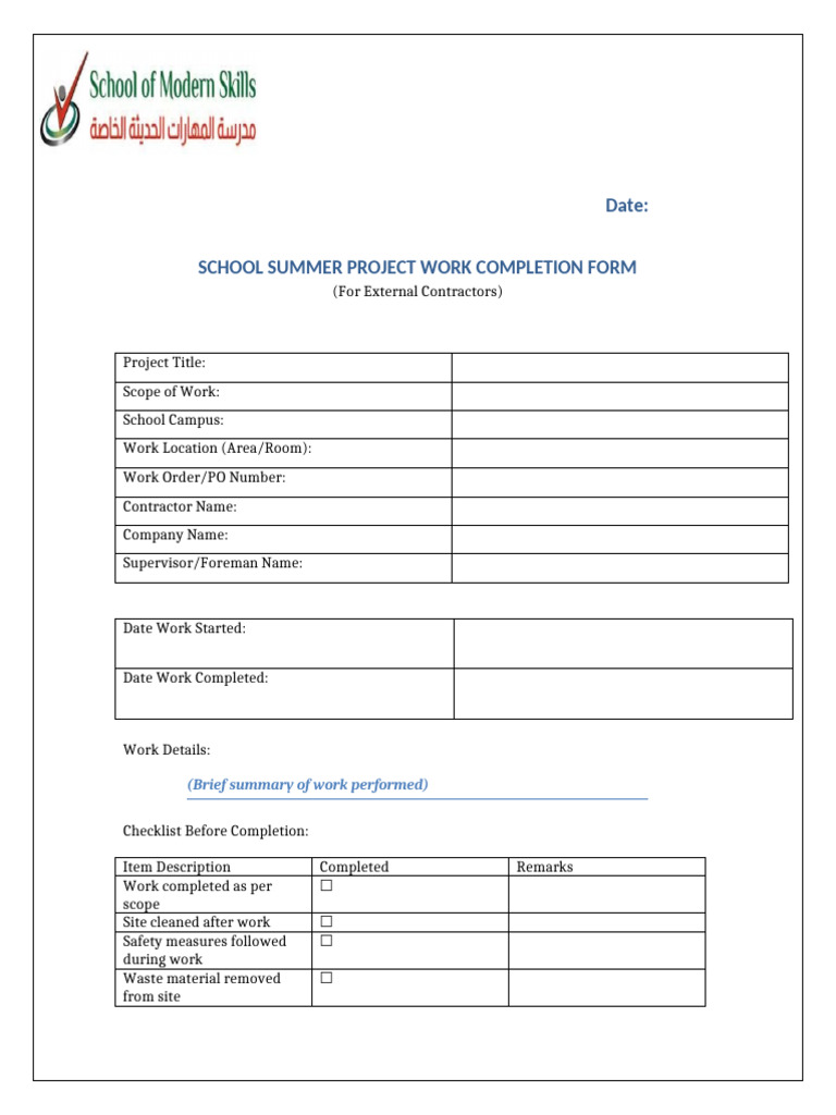 Summer Project Completion Form | PDF