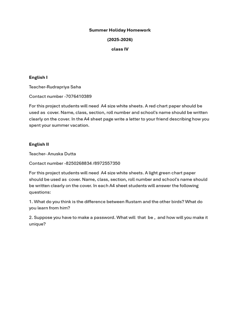 Class IV Summer Holiday Homework | PDF