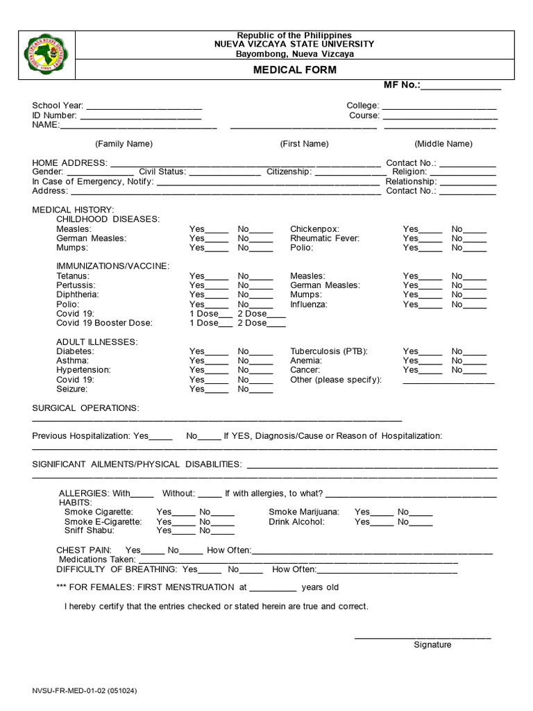 NVSU Medical Form Template | PDF | Measles | Vaccines