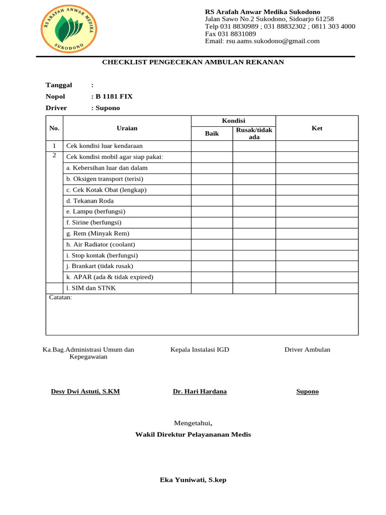 Checklist Pengecekan Ambulans Rekanan | PDF