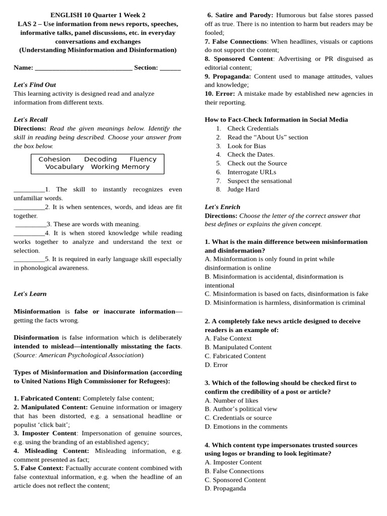 English-10-LAS2-MISINFORMATION AND DISINFORMATION | PDF | Human ...
