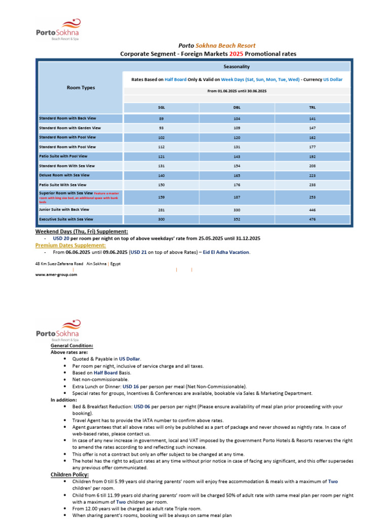 Porto Sokhna Resort 2025 Rates & Policies | PDF | Meal | Payments