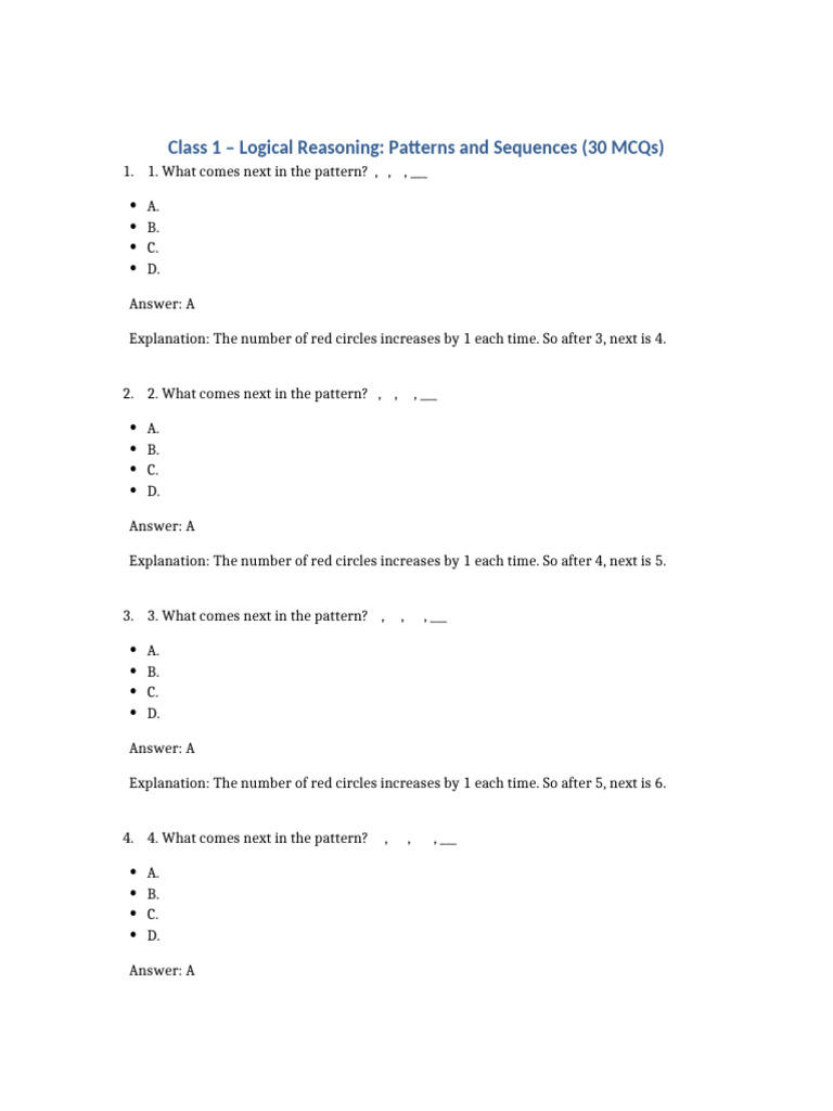 Class1 LogicalReasoning Patterns Sequences 30MCQs | PDF