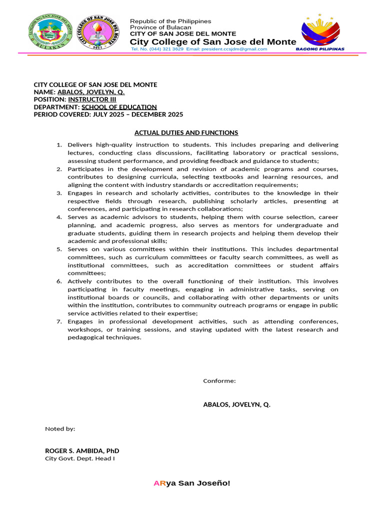 Cos Actual Duties and Functions Template | PDF | Curriculum | Pedagogy