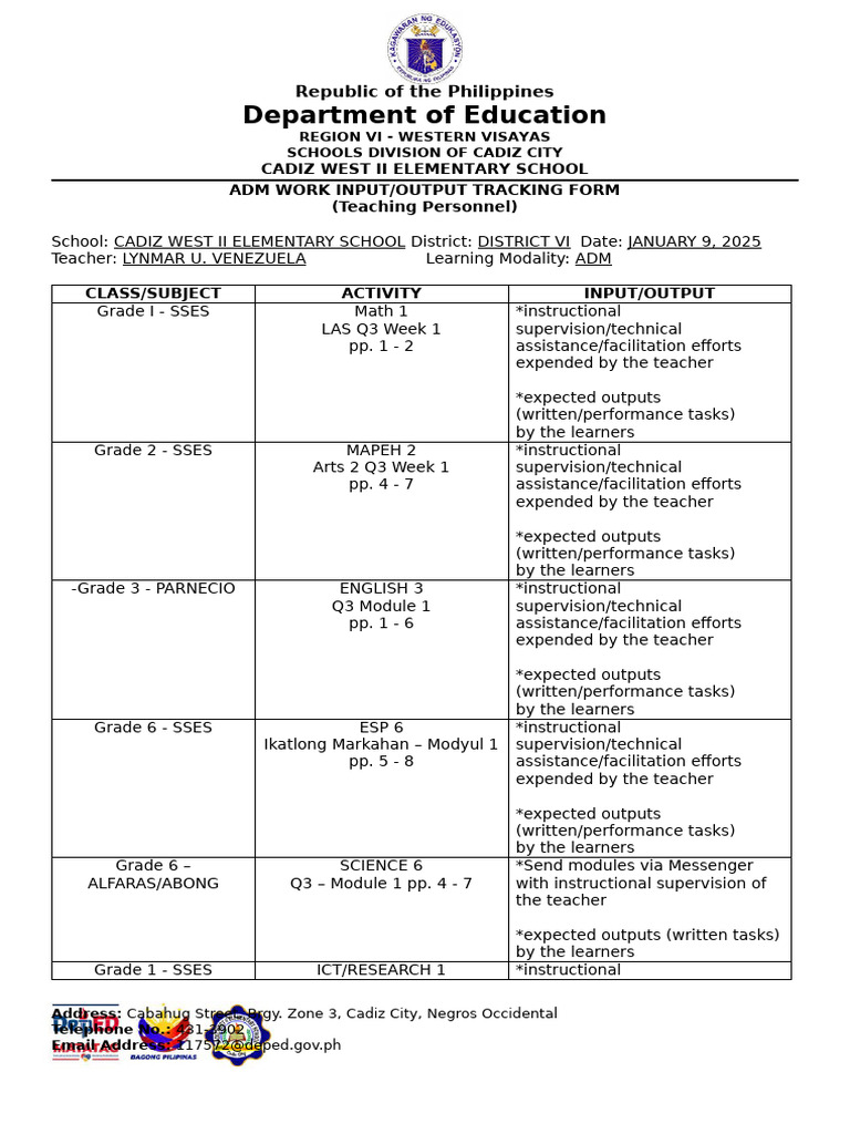 ADM Work Tracking Form for Teachers | PDF | Teachers | Learning