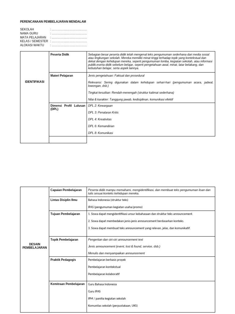 Template - RPP Pembelajaran Mendalam | PDF