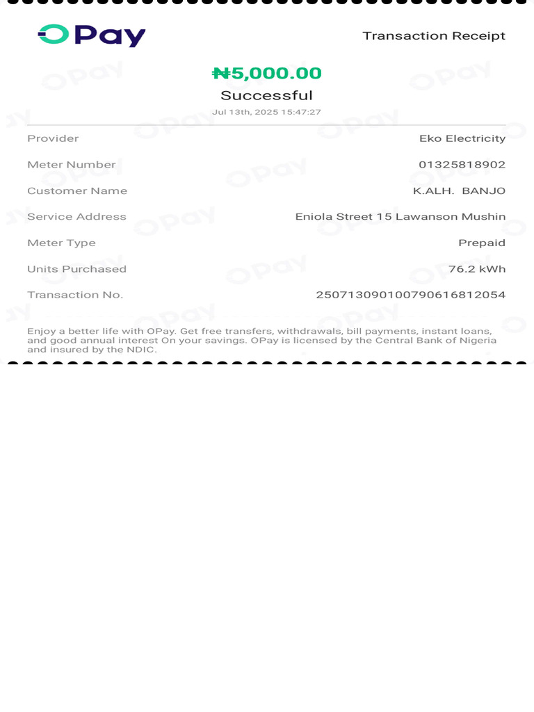 Eko Electricity Payment Receipt 2025 | PDF