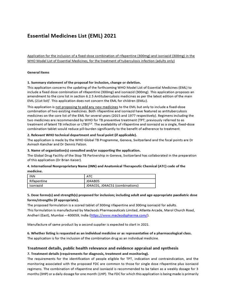 Rifapentine/Isoniazid 300mg Tablet Proposal | PDF | Tuberculosis | Medicine