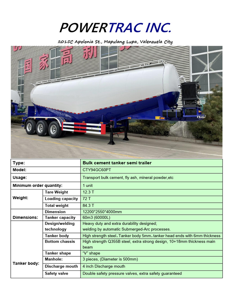 60cbm Bulk Cement Tanker Specifications | PDF | Axle | Semi Trailer Truck