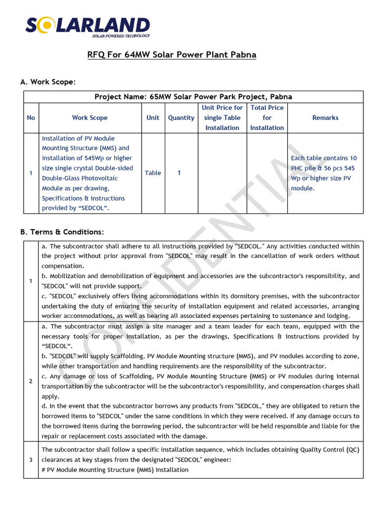 Pabna 64MW Solar Project RFQ Details | PDF | Photovoltaics | Solar Panel
