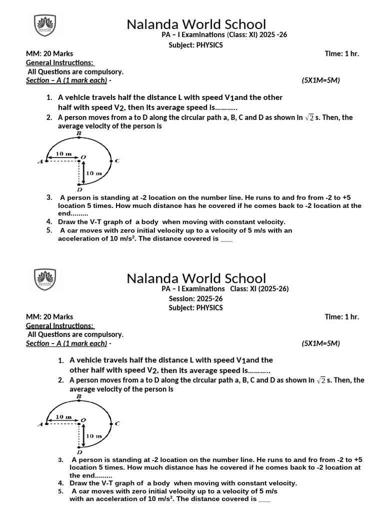Class XI Physics PA-I Exam 2025-26 | PDF | Acceleration | Velocity