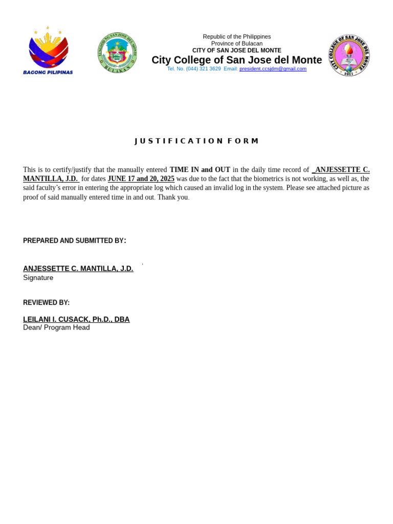 City College of San Jose Del Monte: Justification Form | PDF