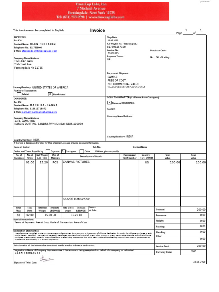 FedEx Commercial Invoice 23052025 | PDF | Invoice