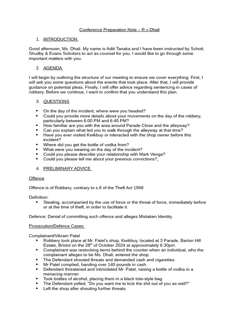 Conference Preparation Note | PDF | Plea | Arrest