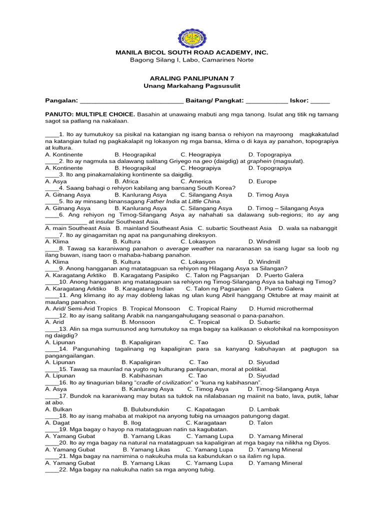 1st Periodical Exam AP 7 2023 2024 | PDF