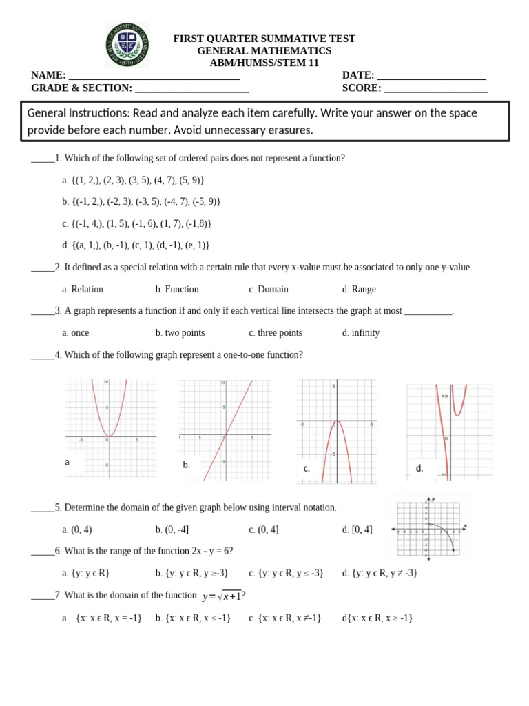 General Mathematics 1st Summative Test | PDF | Asymptote | Mathematical ...