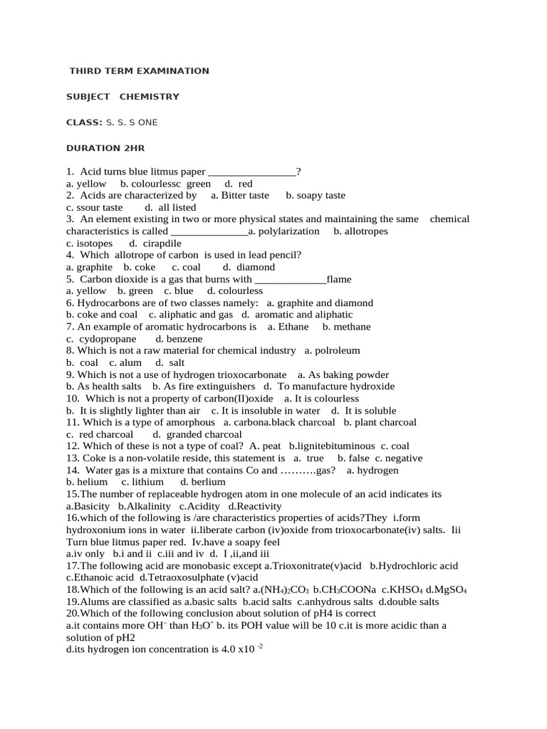 Chemistry Exam Questions for SSS1 | PDF | Ph | Hydroxide