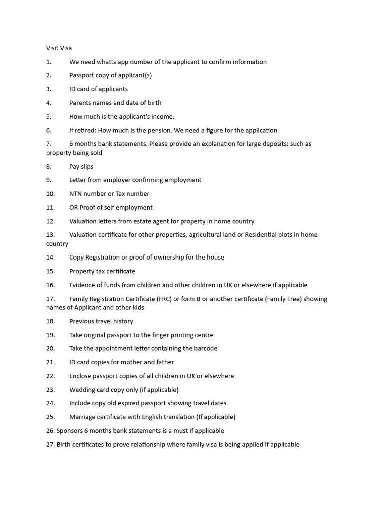 Essential Documents for Visit Visa Application | PDF