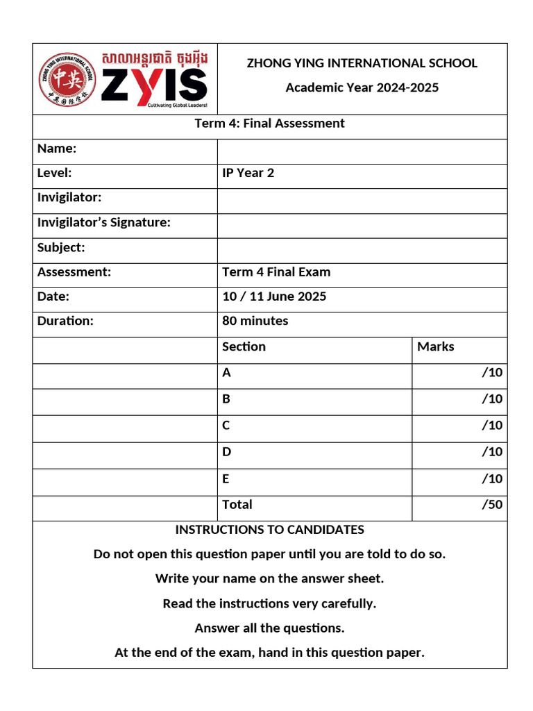 ZYIS Term 4 Final Exam 2025 | PDF | Linguistics