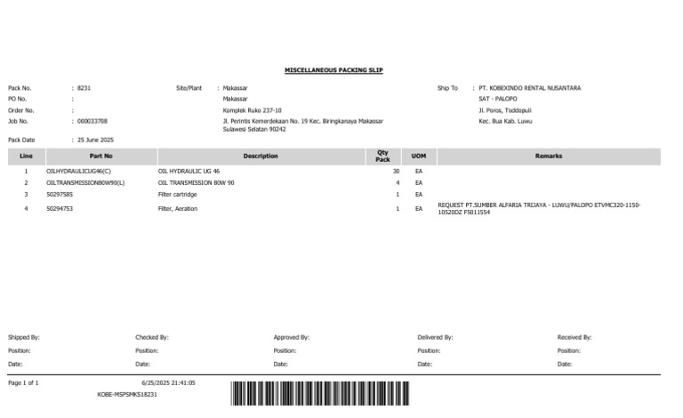 Miscellaneous Packing Slip - 1778203 | PDF