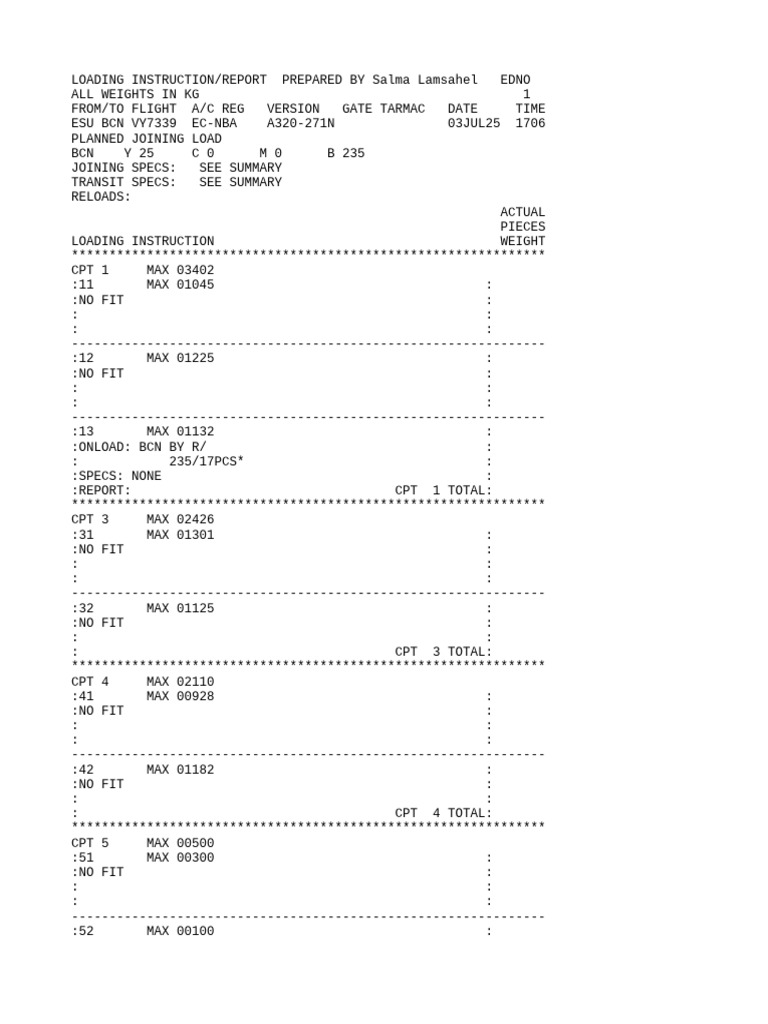 A320 Loading Instruction Report VY7339 | PDF | Aviation | Aircraft