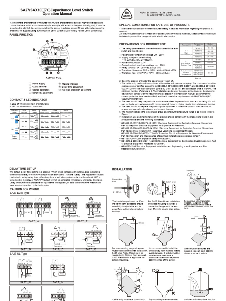 SA27 Capacitance Level Switch Manual | PDF | Switch | Screw