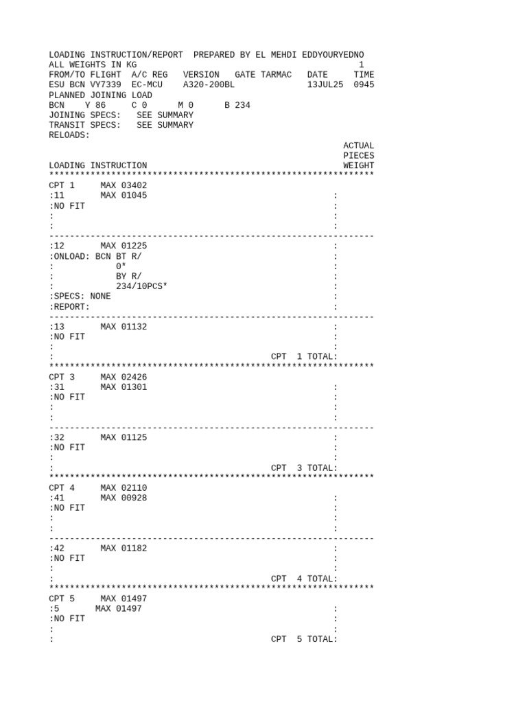 VY7339 Loading Instructions Report | PDF | Aviation | Aircraft