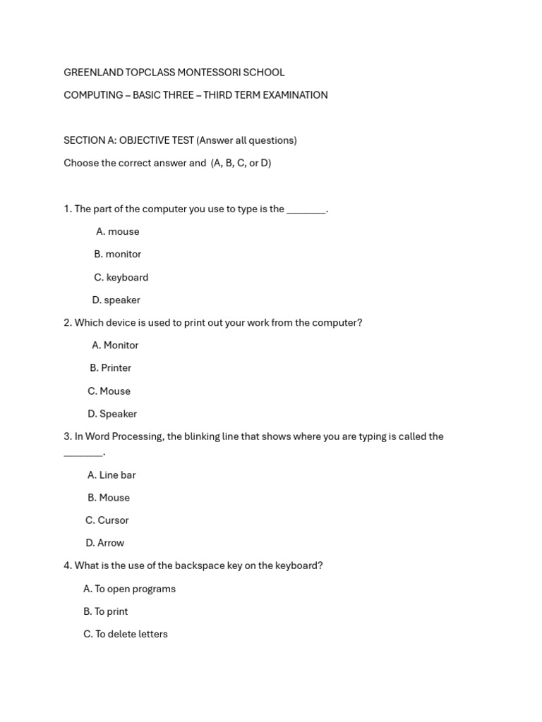 End of Third Term Examination. Basic Three Computing Sammy | PDF ...