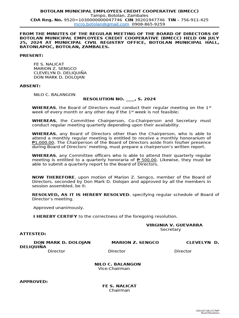 Board Resolution - Regular Monthly Meeting | PDF | Governance