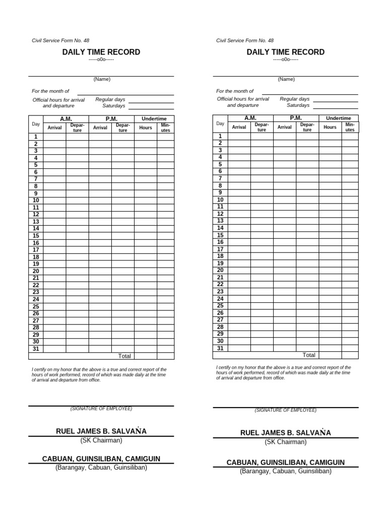 Editable Daily Time Record Template | PDF