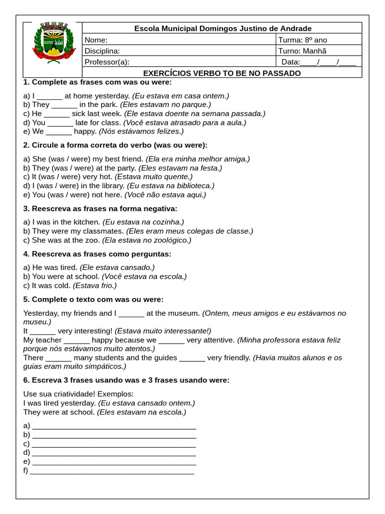 Exercícios do Verbo To Be no Passado | PDF