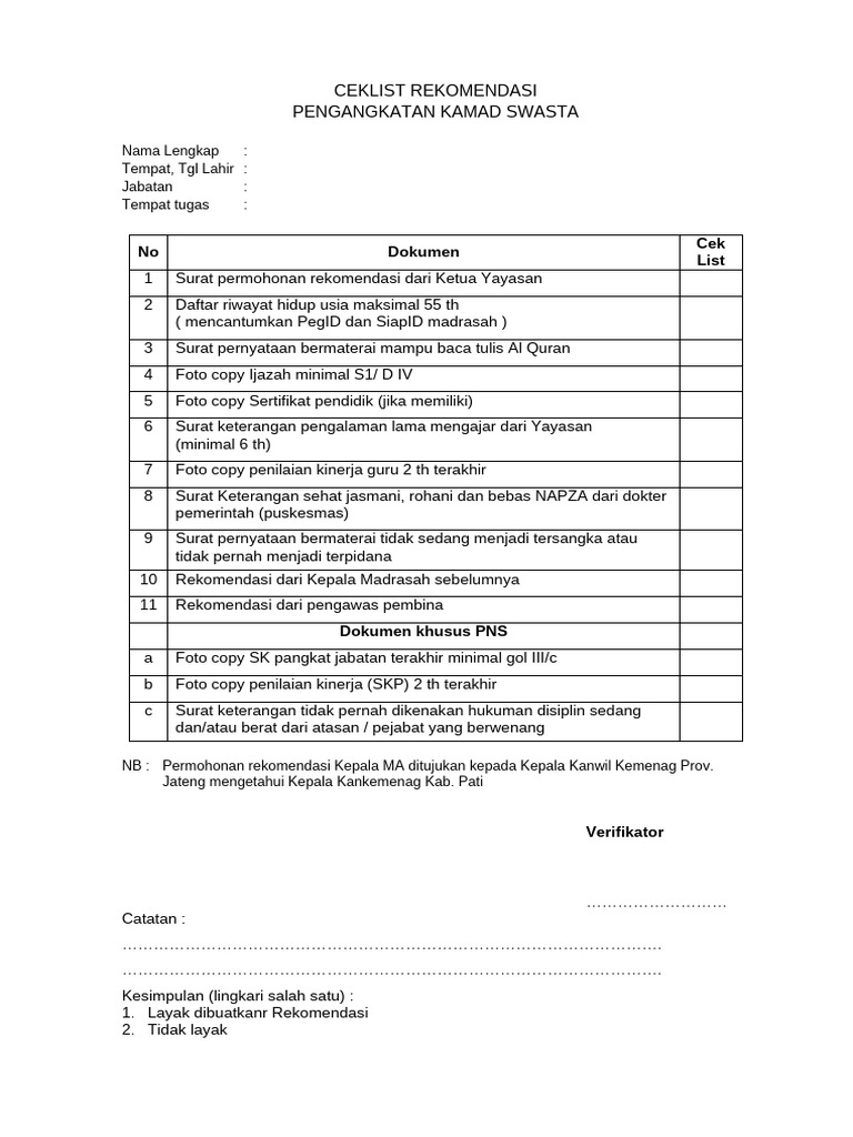 Ceklist Rekomendasi Kamad Swasta | PDF