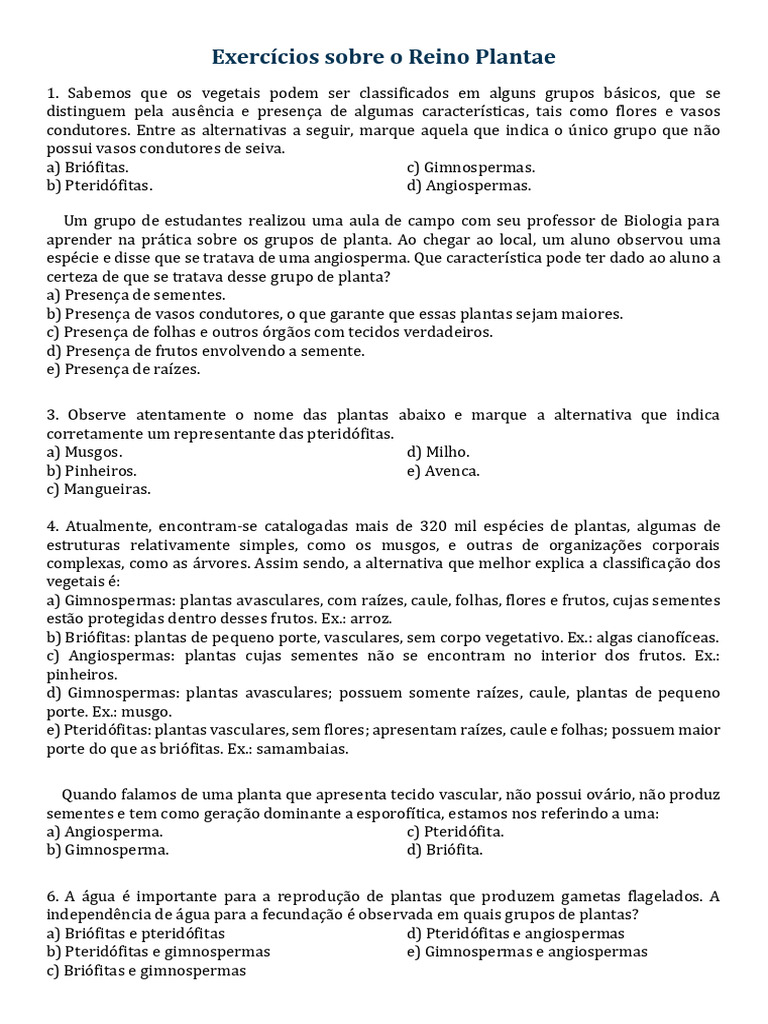 Exercícios sobre o Reino Plantae | PDF | Plantas | Samambaia